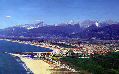 Versilia Riviera beginning with Viareggio beach. Aerial view Viareggio, Tuscany coast, Italy - the sea and the Apuane Alps, Versilia Riviera